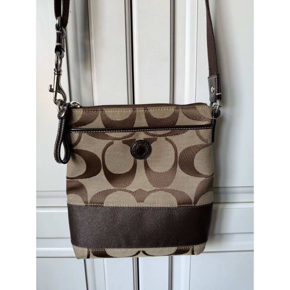 COACH Signature Monogram Brown Jacquard Canvas Crossbody File Bag‎